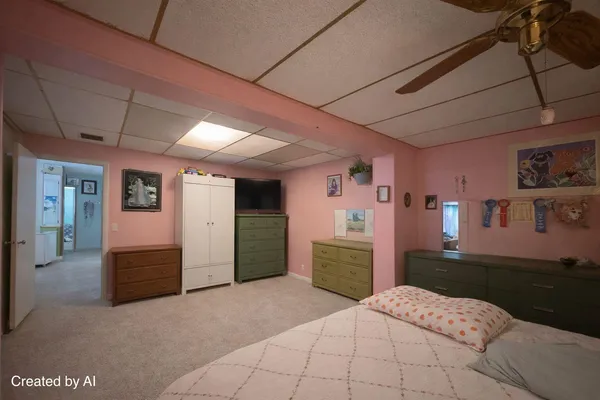 a large bedroom with a large bed and dresser
