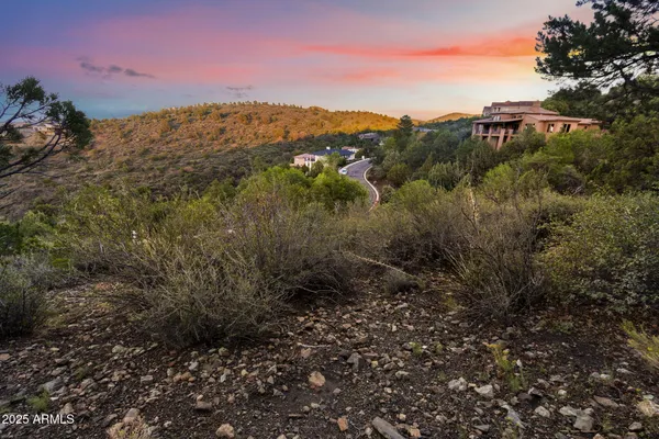 a view of a city with lush green forest