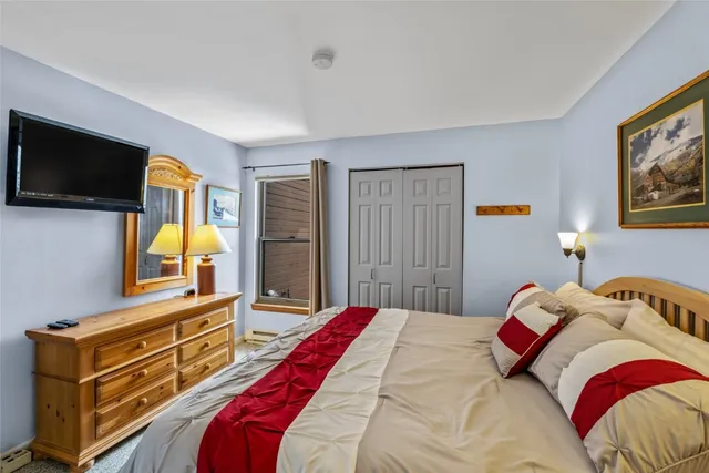 a bedroom with a bed and a television