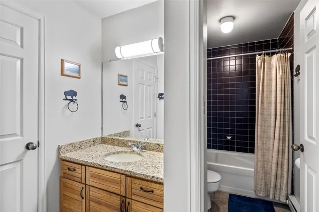 a bathroom with a granite countertop sink a toilet and shower