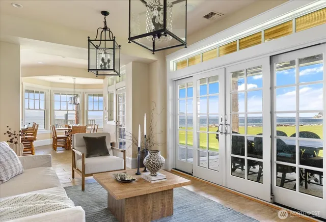 a view of a dining room with furniture window and outside view