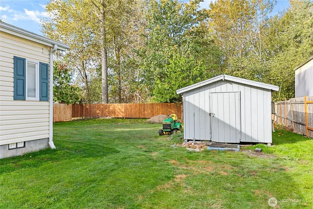 a view of a backyard with large tree and wooden fence