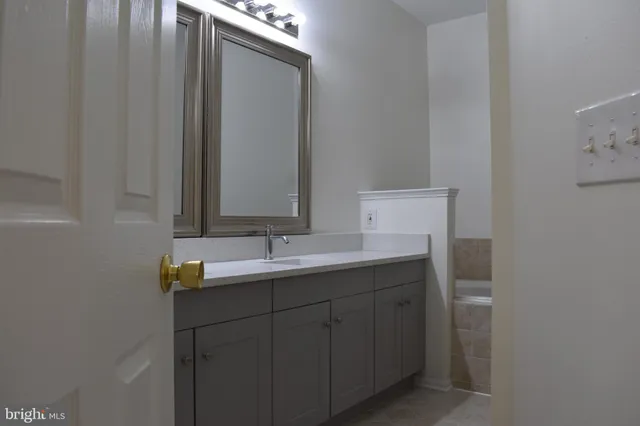 a bathroom with a double vanity sink and mirror