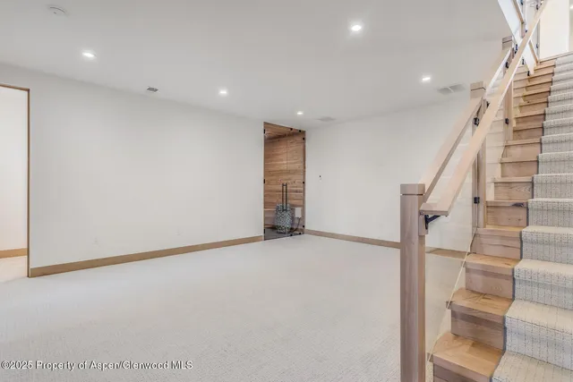 a view of a room with storage and racks on the wall