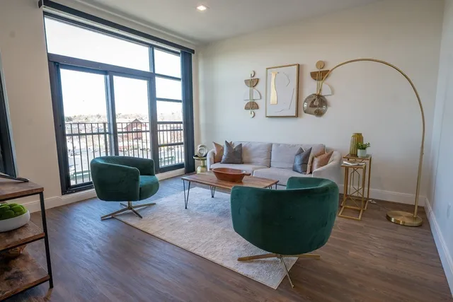 a living room with furniture a rug and a window