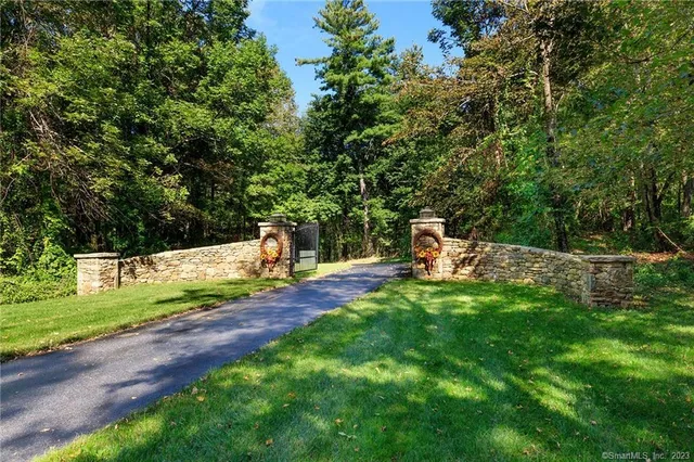a small garden covered with tall trees