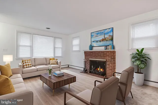 a living room with furniture a fireplace and a potted plant