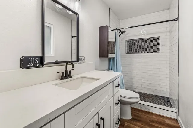 a bathroom with a sink a toilet a mirror and shower