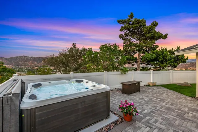 a view of a patio with couches and table and chairs and potted plants