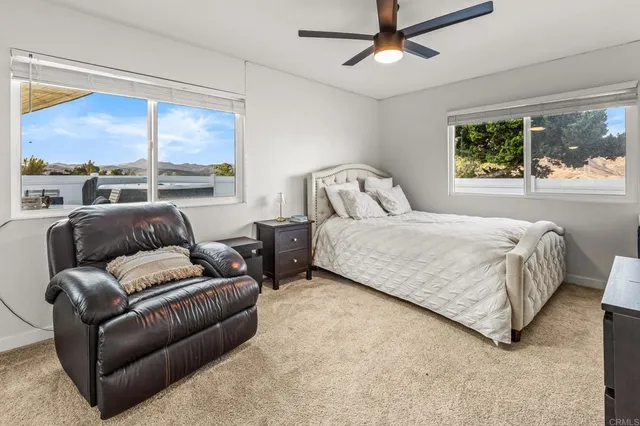 a bedroom with a large bed couch and window