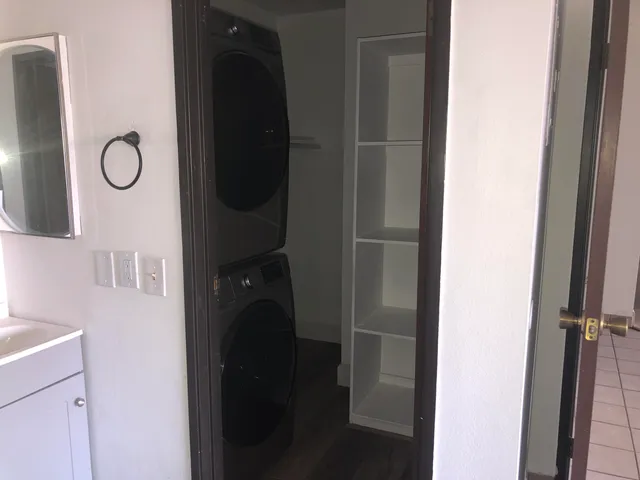 a view of a backyard with plants and large trees