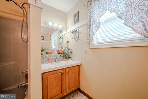 a bathroom with a sink a mirror and a shower