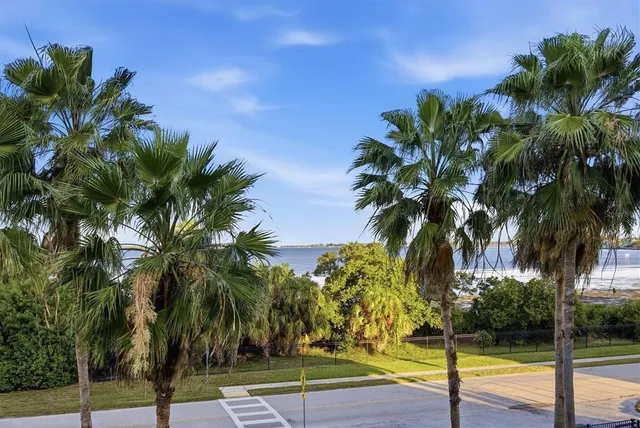 a view of a lake with a city