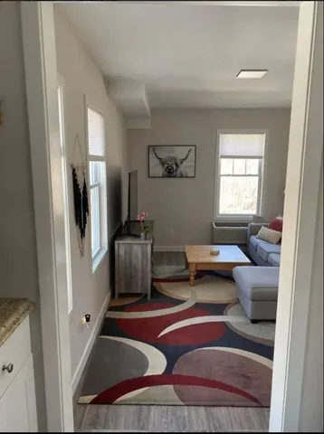 a living room with furniture and a rug