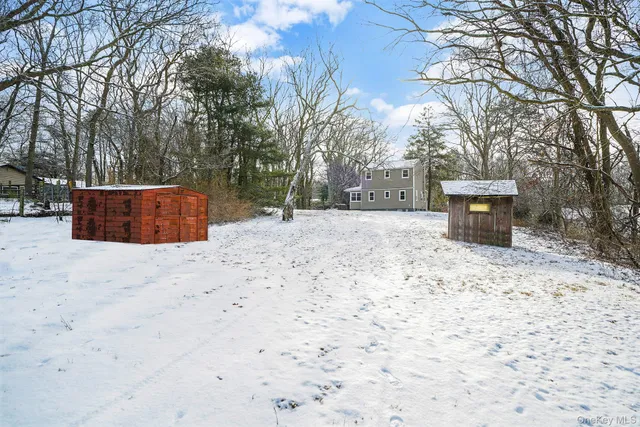 a backyard of a house with large trees and covered with snow