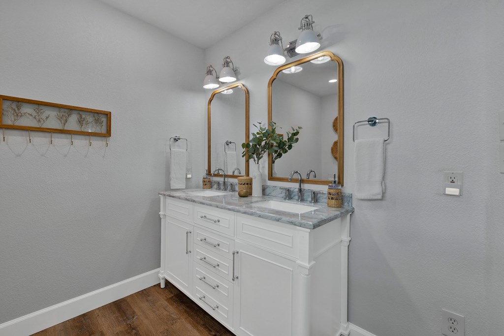 113 Weitz Road Fredericksburg, TX 78624 - Photo 46 of 50 a bathroom with a double vanity sink and a mirror