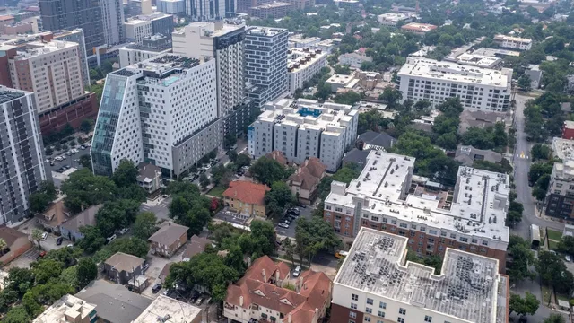 a city view with tall buildings