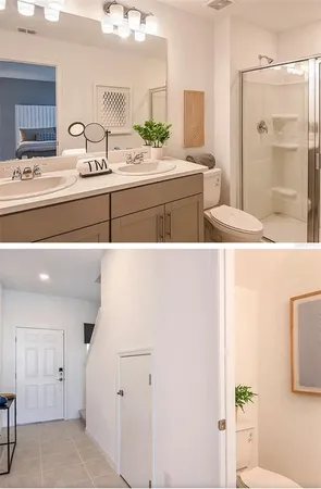 a bathroom with a tub sink and mirror