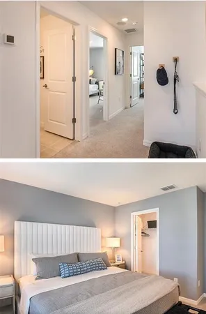 a view of a living room and bedroom