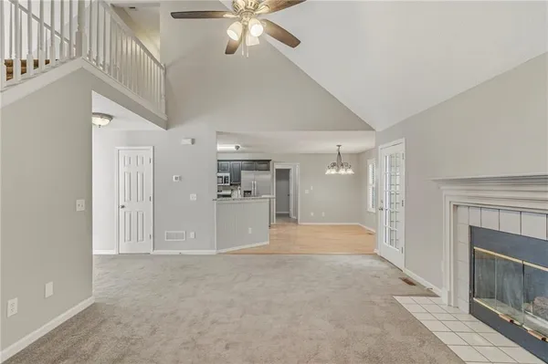 a view of a livingroom with a fireplace
