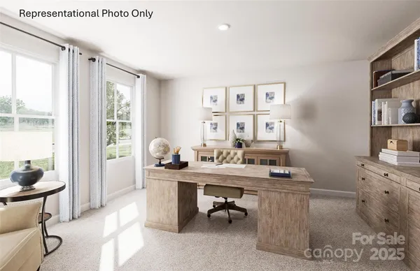 a workspace with furniture and window