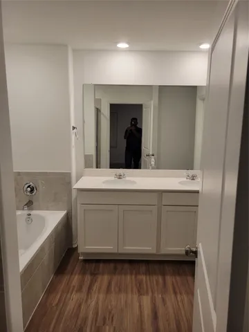 a bathroom with a bathtub sink and mirror