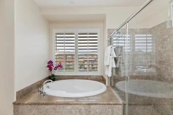 a bathroom with a granite countertop tub a potted plant and a shower