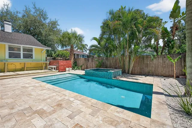 a view of backyard with swimming pool