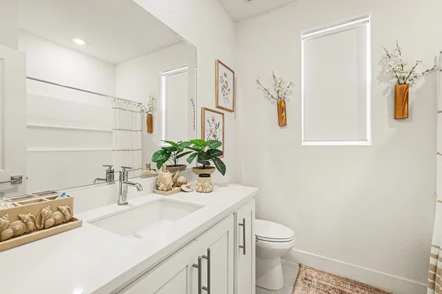 a bathroom with a sink a toilet and mirror