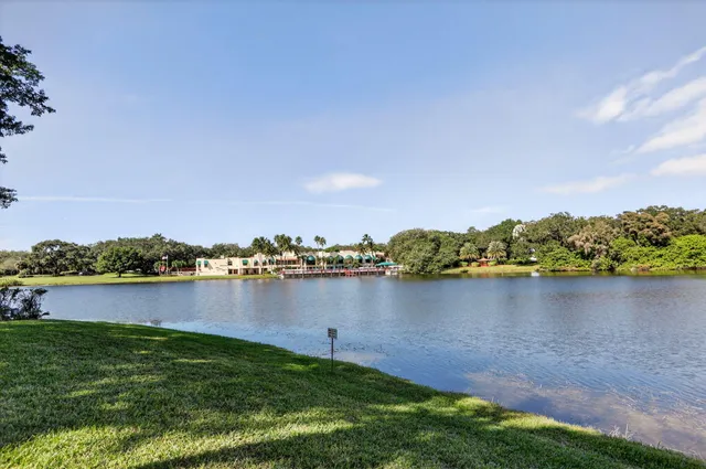 a view of a lake with houses in the back