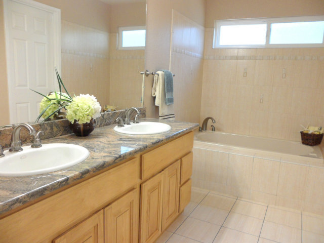 5233 Country Forge Lane San Jose, CA 95136 - Photo 16 of 25 a bathroom with a granite countertop sink a mirror and a bathtub