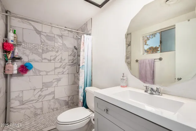 a bathroom with a sink toilet vanity and shower