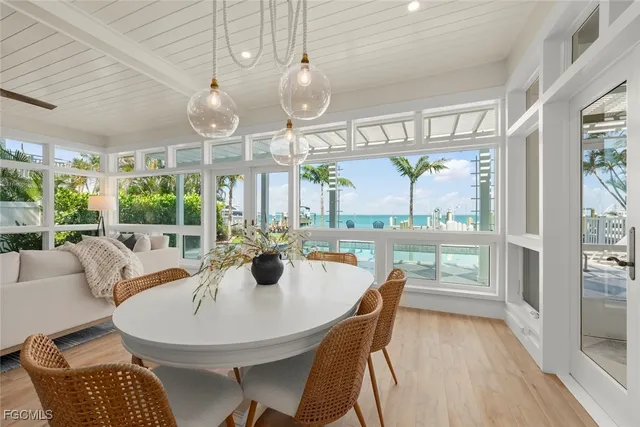 a view of a dining room with furniture window and outside view