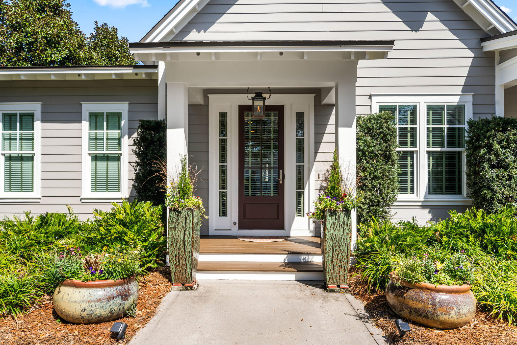a view of a house with potted plants