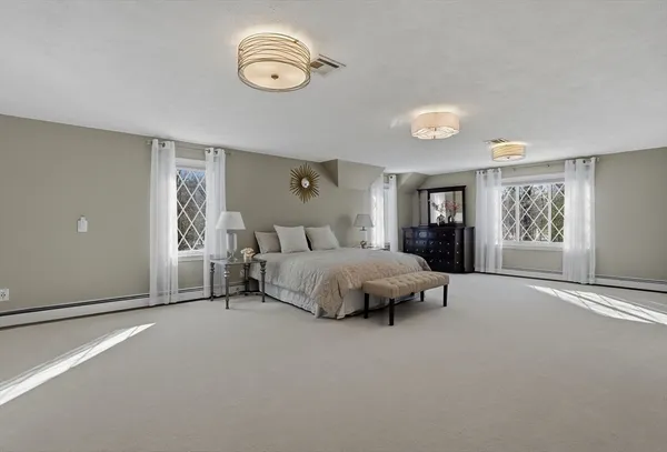 a spacious bedroom with a bed and window