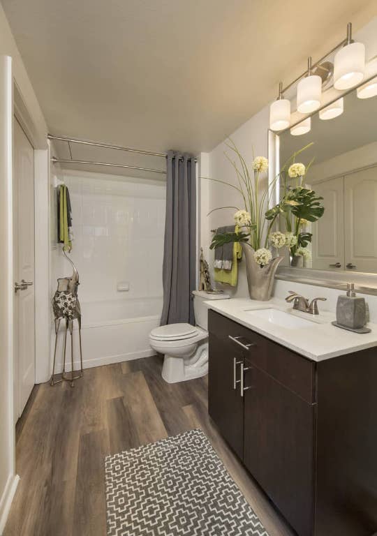 11400 Domain Drive, Unit 1214 Austin, TX 78758 - Photo 2 of 12 a bathroom with a sink a toilet and a mirror