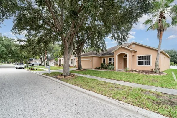 a garden view with a seating space