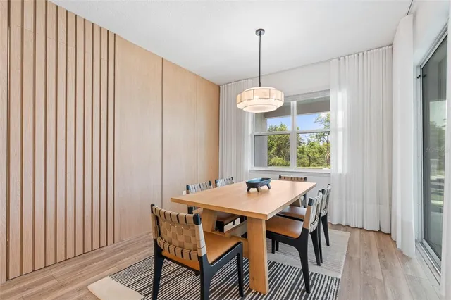 a table and chairs in a room with a window
