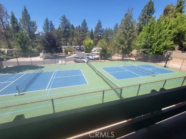 a view of a tennis ground with trees in the background