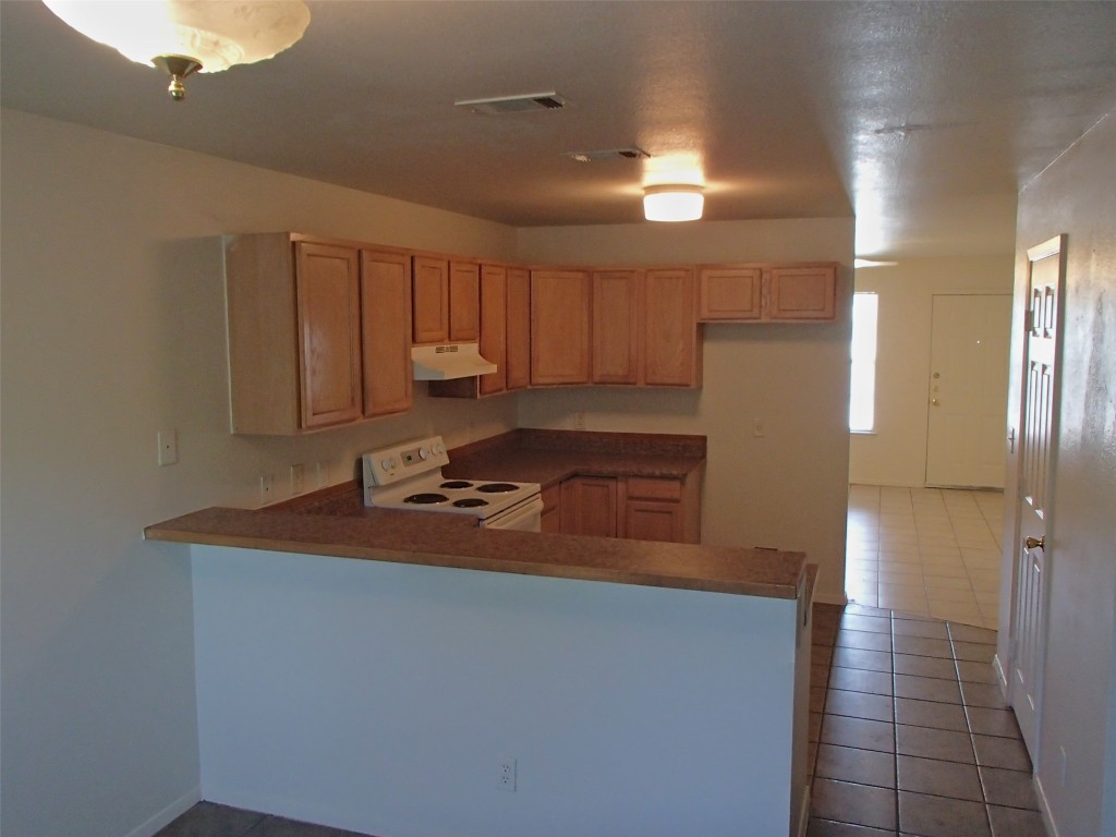 2202 Katy Lane, Unit A Georgetown, TX 78626 - Photo 2 of 9 Kitchen with a peninsula, dark countertops, electric range, under cabinet range hood, and dark tile patterned floors