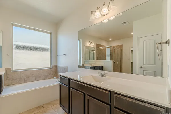 a bathroom with a sink a large mirror and a bathtub with shower
