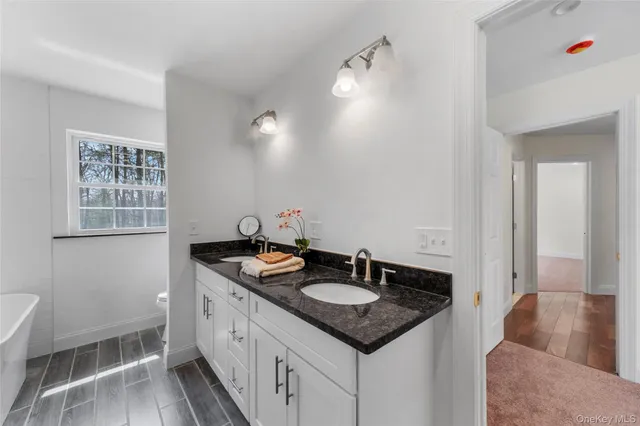 a bathroom with a granite countertop sink and a mirror