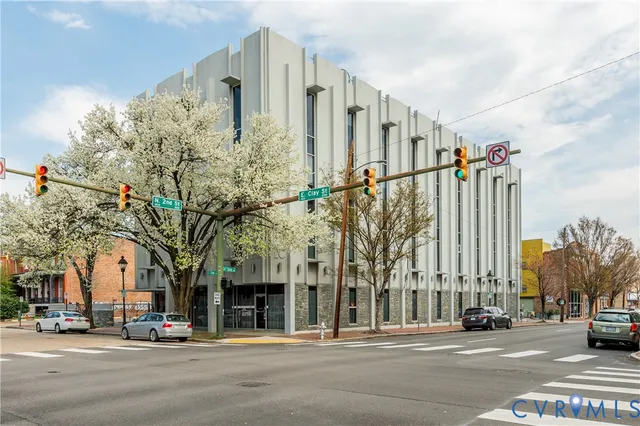 a view of a building with a street