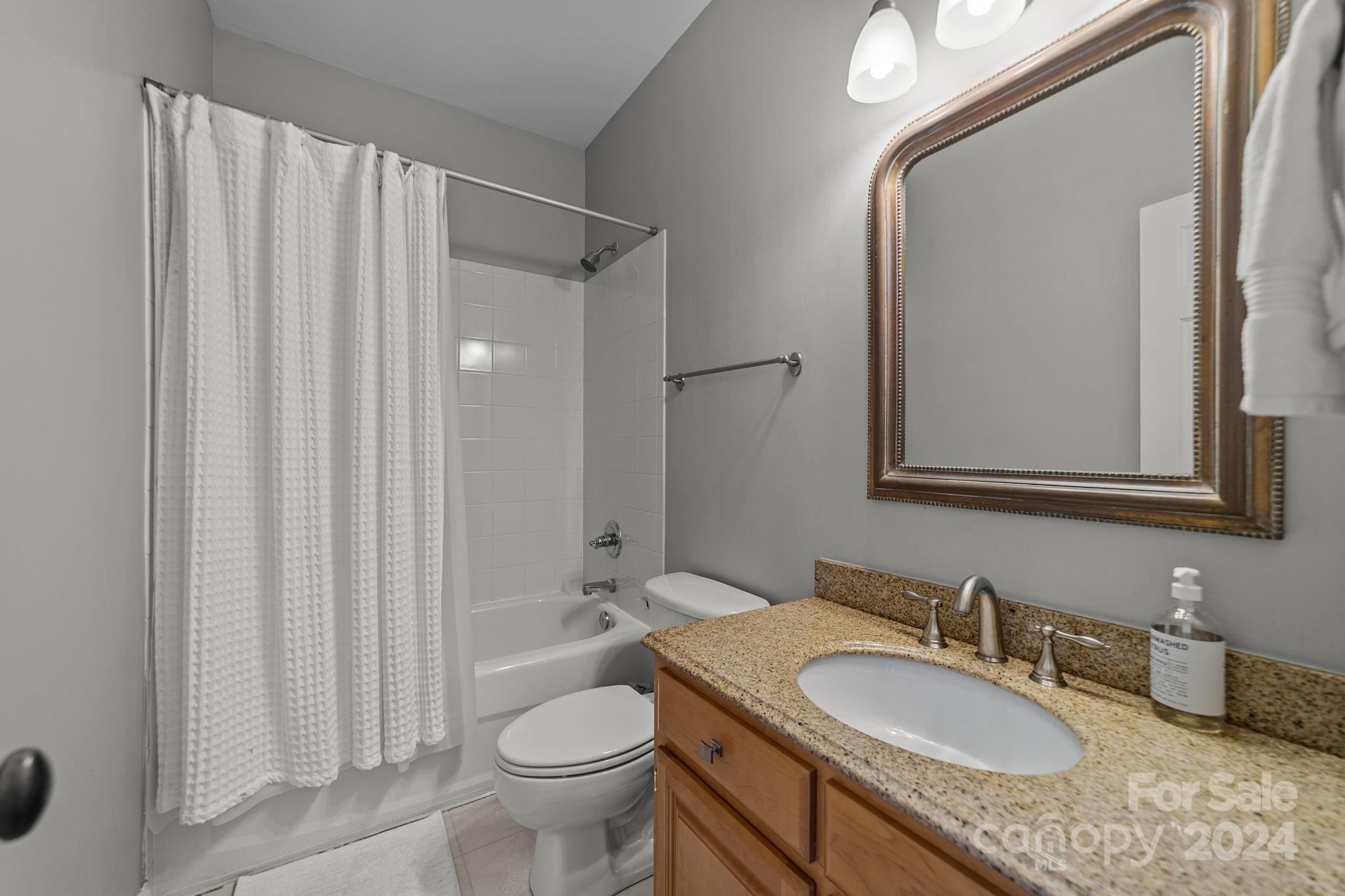20443 Middletown Road Cornelius, NC 28031 - Photo 29 of 31 a bathroom with a granite countertop sink a toilet and a mirror