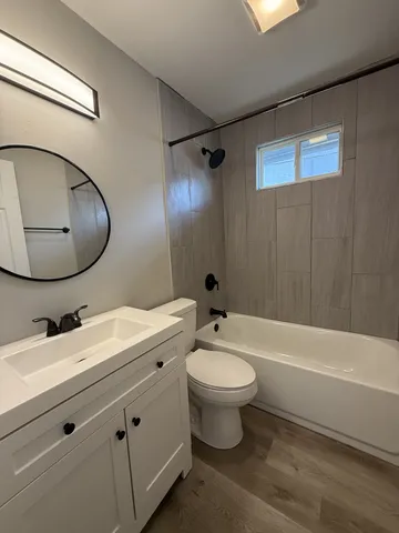 a bathroom with a toilet a sink a mirror and bathtub