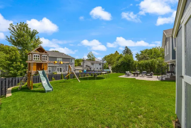 a view of a garden with a slide