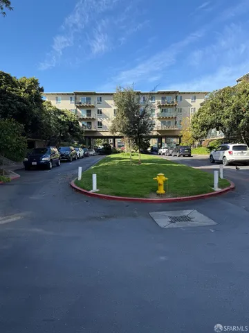 a view of a park with large trees
