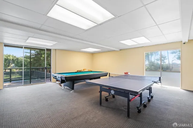 a view of a park with large trees