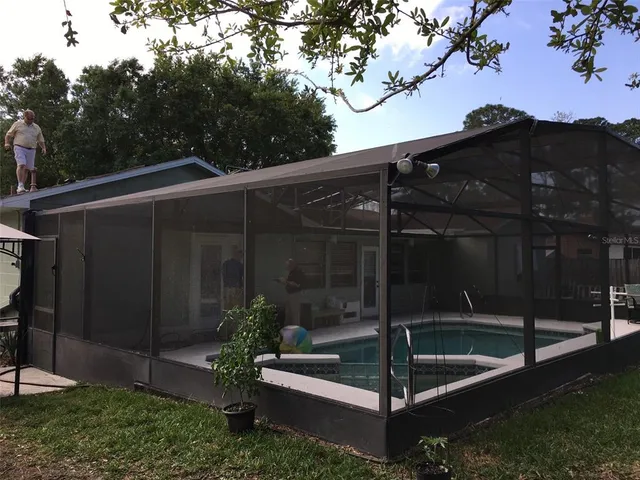 a view of a bench in the patio