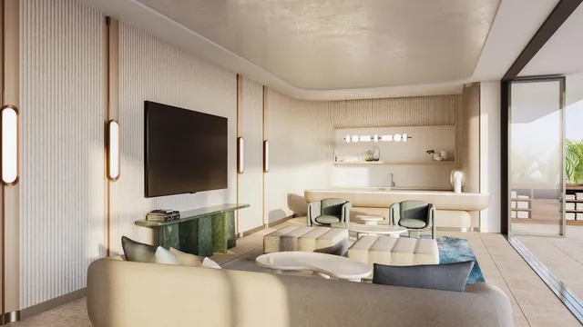 a living room with furniture a large window and a chandelier